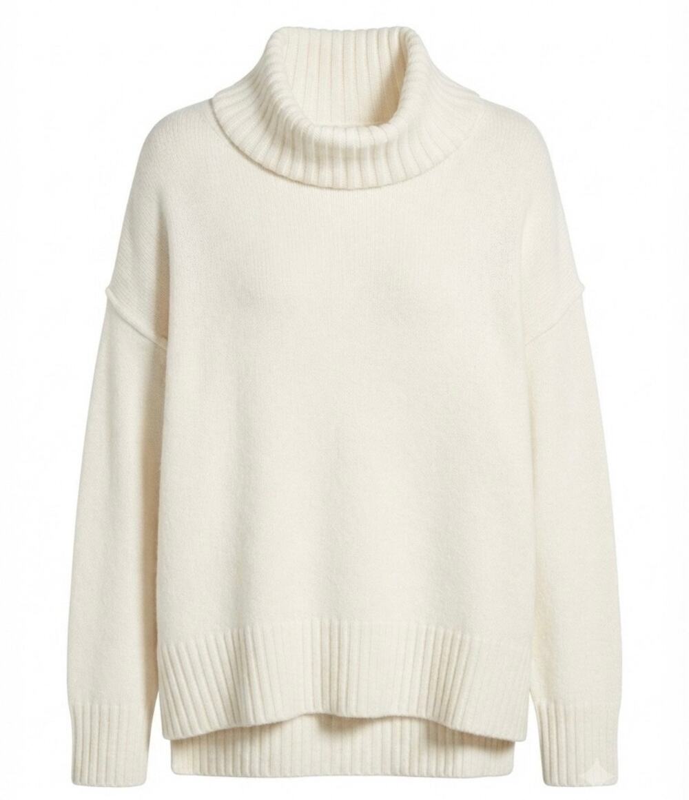 Preppy Wool Blend Ribbed Turtleneck Ivory NEW Anthropologie Pullover Sweater